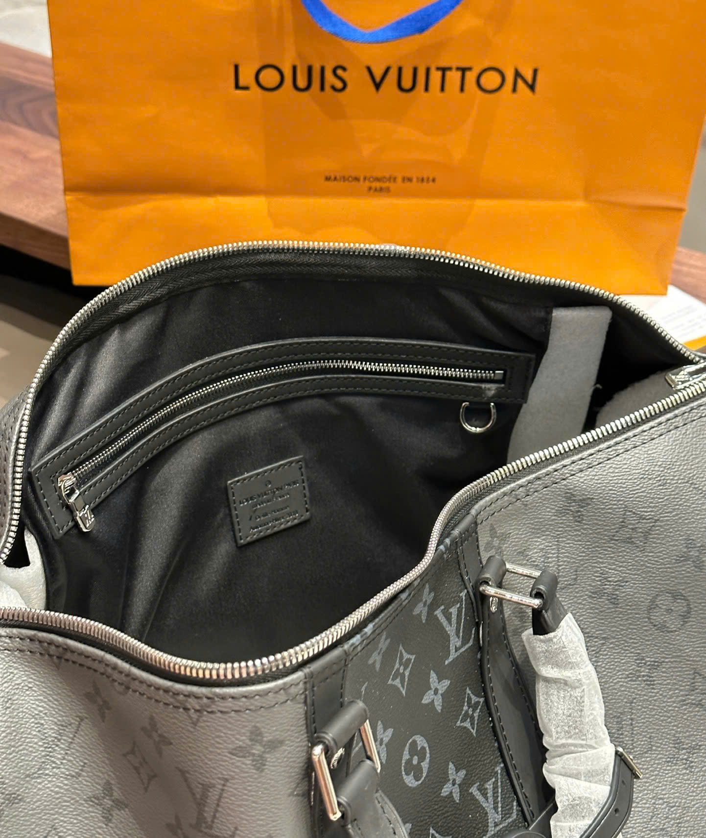 Túi trống du lịch Louis Vuitton LV Đen phối Xám họa tiết hoa vân logo LV size 50cm Like Auth Fullbox phụ kiện PLD